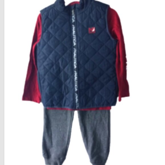 Nautica Boy 3-Pc Set Sz 6 Jogger Pants Puffer Vest Long Sleeve Tee Gray Blue Red - Picture 7 of 9